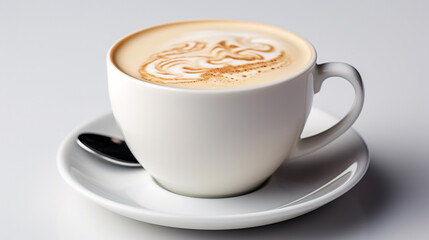 Wide panoramic top view photo of a mocha coffee cup with cream design on it and a saucer in white background