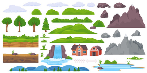 Landscape elements constructor. Natural objects of different geographical zones. Various trees or rocks. River waterfall. Scenic mountain and hills. Countryside house. Recent vector set