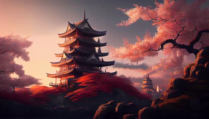  Beautiful Japanese temple cherry blossom trees. Castle at sunset, pagoda with cherry blossom, Ai generated image. © TrendyImages