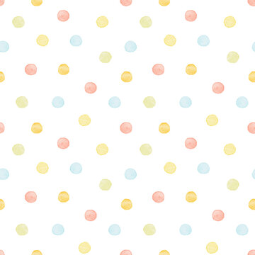Seamless pattern with multicolored geometric shape round polka dot isolated on white background. Watercolor hand drawn illustration sketch