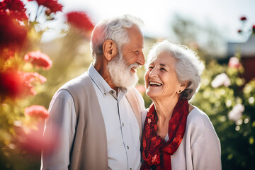 Amor duradero: Retrato de pareja de ancianos caucásicos disfrutando juntos en un campo de flores