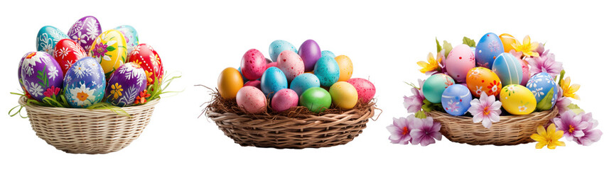 Fototapeta na wymiar Easter eggs in a basket, different versions, isolated on white background or transparent