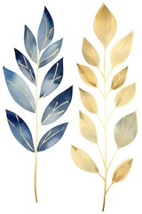 Set of golden and blue tree leaves on white background. Great for wall art and home decor. Set of three transparent golden dark blue leaves on white background illustration
