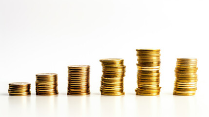 Several stacks of gold coins in different heights arranged from tallest to shortest against a white background