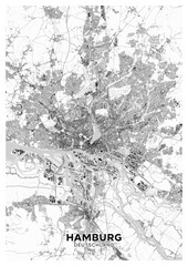 Hamburg map. Detailed light map poster of Hamburg (Germany). Natural features (lakes, rivers), various types of roads and buildings are grouped separately. - obrazy, fototapety, plakaty