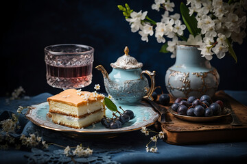 Fototapeta premium still life in the Soviet style of the last century in blue tones with antique dishes, a vase with flowering cherry branches, a teapot, a plate with a piece of cake, a wine glass with wine, grapes