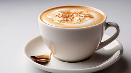 Wide panoramic top view photo of a Cappuccino coffee cup with cream design on it and a spoon on the saucer in white background