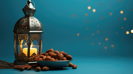 Traditional ornate lantern with a lit candle inside is placed on a wooden surface against the blurred backdrop. Ramadan celebration.