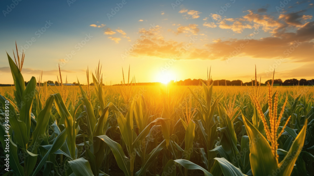 Wall mural Cornfield during sunset, with the sunlight casting a golden glow over the crops and a beautiful sky in the background.