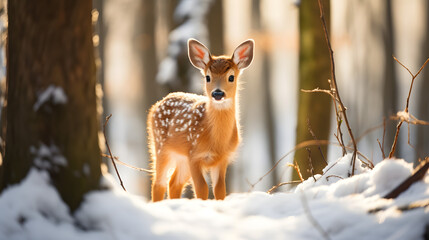photo of a fawn in a snowy forest, sunny day