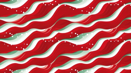 abstract pattern features playful red and green wavy stripes with white dots, candy canes and festive Christmas decor. The seamless design is perfect for holiday backgrounds, vibrant textiles