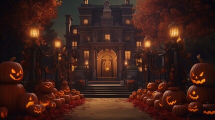 A historic mansion with a grand Halloween display, including life-size pumpkin figures, elegant candelabras, and a vintage carriage adorned with autumnal decorations - obrazy, fototapety, plakaty