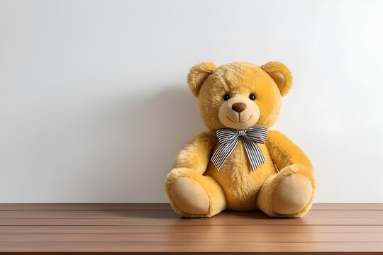 Teddy bear sitting on a wooden table infront of the white wall, minimalist generative AI image. 