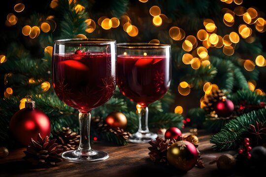 An enchanting Christmas image, mulled wine in focus against a backdrop of twinkling lights and evergreen wreaths