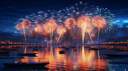Fototapeta premium Celebratory scene welcoming the New Year 2025, with vibrant fireworks lighting up the night sky in a realistic HD capture
