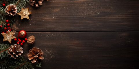 Top view, Christmas balls, presents, pine branches and cones on a brown wooden backgrounds

