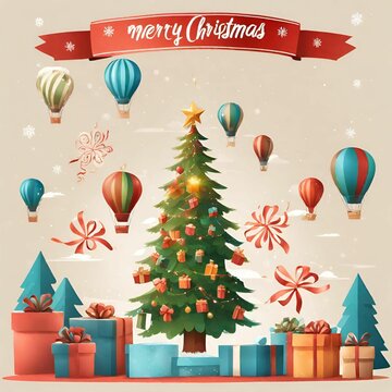 Christmas greeting background equipped with Christmas trees, gifts, etc