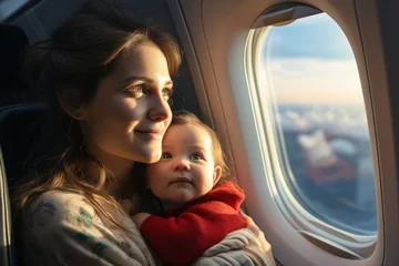 Fototapeten young woman mother with her baby looking out the airplane window © Маргарита Вайс