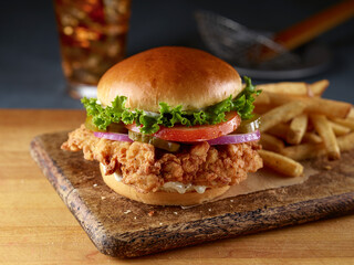 Crispy Chicken Sandwich with Iced Tea and Fries