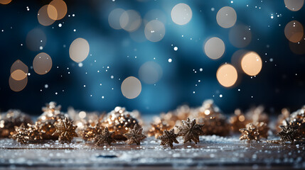 Christmas winter background with snow and blurred bokeh.Merry christmas and happy new year greeting card with copy space
