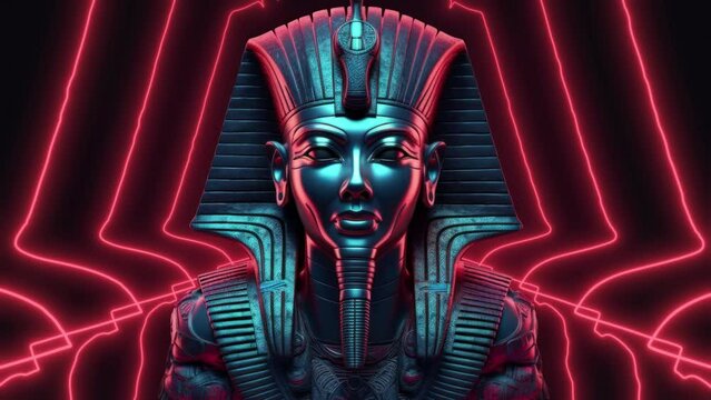 Anchient Egypt statue with neon wave lights in the style of electronic music background in 4K