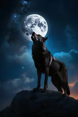 Deurstickers wolf howling at the moon, wolf howling at night © propiks
