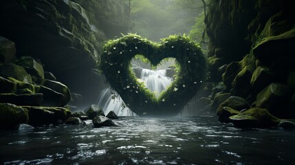 A majestic waterfall casting a heart-shaped mist against a backdrop of lush greenery. - obrazy, fototapety, plakaty