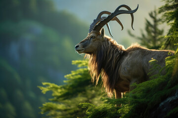 A Markhor, stands atop a steep cliff surrounded by lush green vegetation