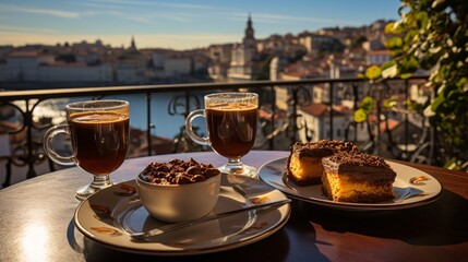 Enjoy a view of the Portuguese town while indulging in a pair of glasses of wine, two cups of freshly brewed espresso, and a classic Portuguese bolo de mel dessert made with honey and nuts. - obrazy, fototapety, plakaty