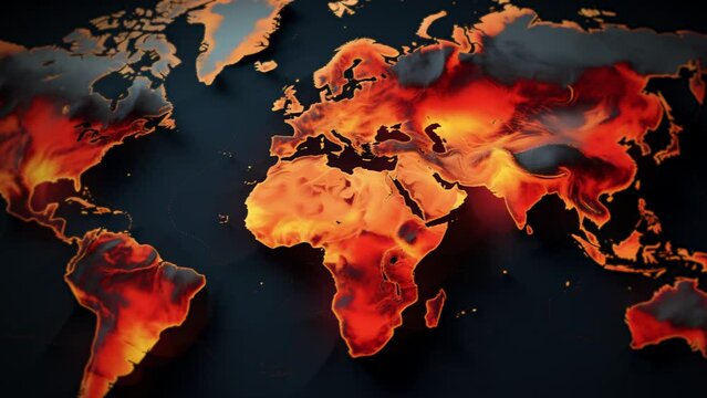 animated world map with the continents, showing different heat zones, fire and flames representing global warming, desertification and environmental issues
