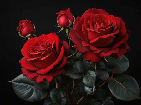 "Crimson Romance: Red Roses and Green Leaves on a Moody Black Background ai image" 