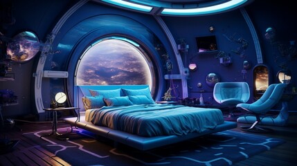 The otherworldly Galactic Dreams Bedroom, featuring a bedroom with cosmic-inspired decor, LED...