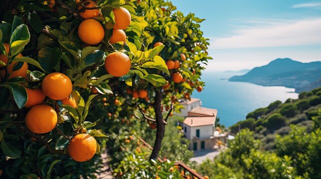 Orange Trees and Mediterranean Houses. Ripe Orange Fruits Against Blue Sky