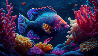 Colorful fish swims among colorful corals, Ai generated image.