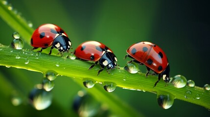 Ladybugs family on a dewy grass. Close up with shallow DOF - obrazy, fototapety, plakaty