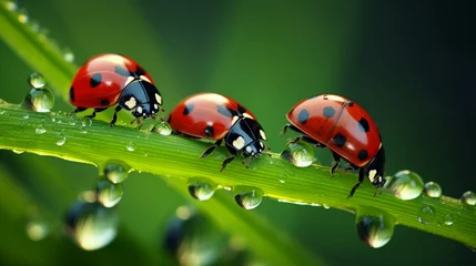 Fotobehang Ladybugs family on a dewy grass. Close up with shallow DOF © Choudhry