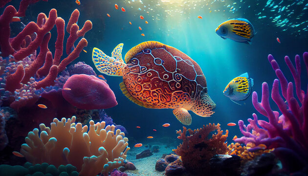 Colorful tropical octopas scene background, Life in the coral reef underwater, sunlight, clear water ocean, travel concept, Ai generated image.