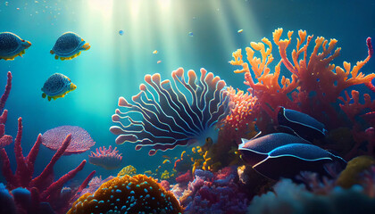 Colorful tropical octopas scene background, Life in the coral reef underwater, sunlight, clear water ocean, travel concept, Ai generated image.