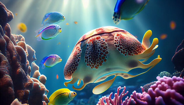 Colorful tropical octopas scene background, Life in the coral reef underwater, sunlight, clear water ocean, travel concept, Ai generated image.
