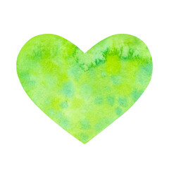 Hand painted green watercolor heart isolated on a white background.