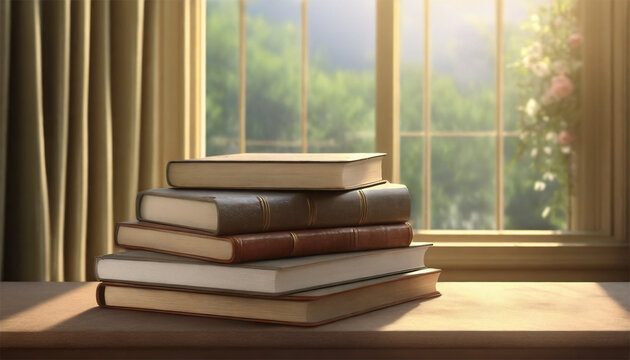 Books on a wooden table in front of a window. 
