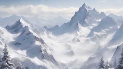 Naklejka premium Peaks of Serenity. Snowy Mountains Stand Tall, Gracefully Separated on a Blank Canvas of White Elegance.
