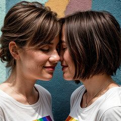 LGBT lesbian couple in love shares tender moment, girlfriends smiling, close-up photo. Romantic scene between two loving women.
