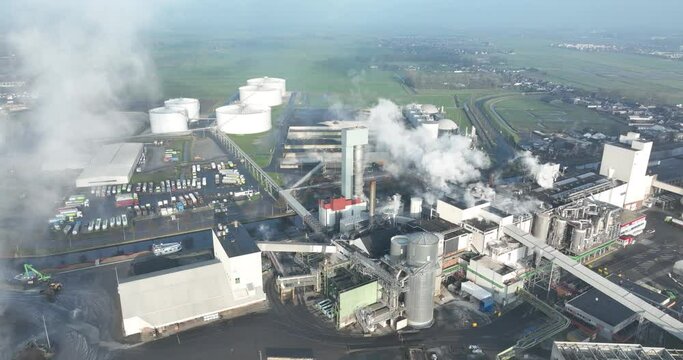 Aerial drone view of sugar beet processing factory.