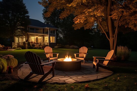 Outdoor fire pit in the backyard with lawn chairs