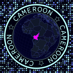 Cameroon on globe vector. Futuristic satellite view of the world centered on Cameroon. Geographical illustration with shape of country and squares background. Bright neon colors on dark background.