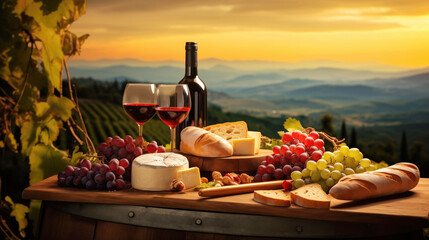 Bottle and glasses of wine with grapes, cheese and food On Barrel In Vineyard in rural landscape scene - obrazy, fototapety, plakaty