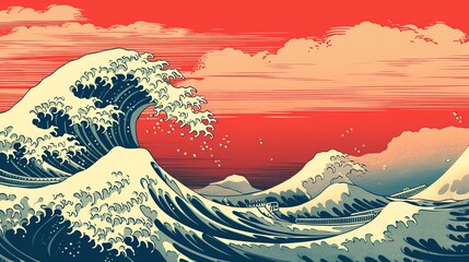 Great ocean wave as Japanese vintage style illustration - obrazy, fototapety, plakaty