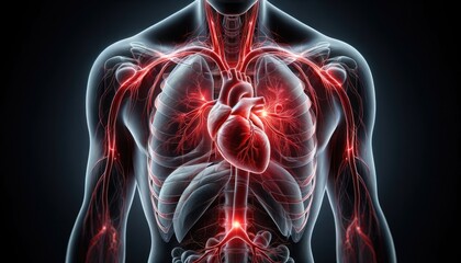 human torso with a focus on the heart and lungs. Areas associated with chest pain are highlighted, providing an educational visual for understanding cardiac and respiratory pain points.