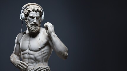 Greek man statue with MR headset isolated on grey background - obrazy, fototapety, plakaty